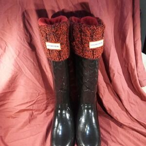 Hunter Quilted‎ Rain Boots Red Knit Cuff Women's Size 6 Excellent Condition
